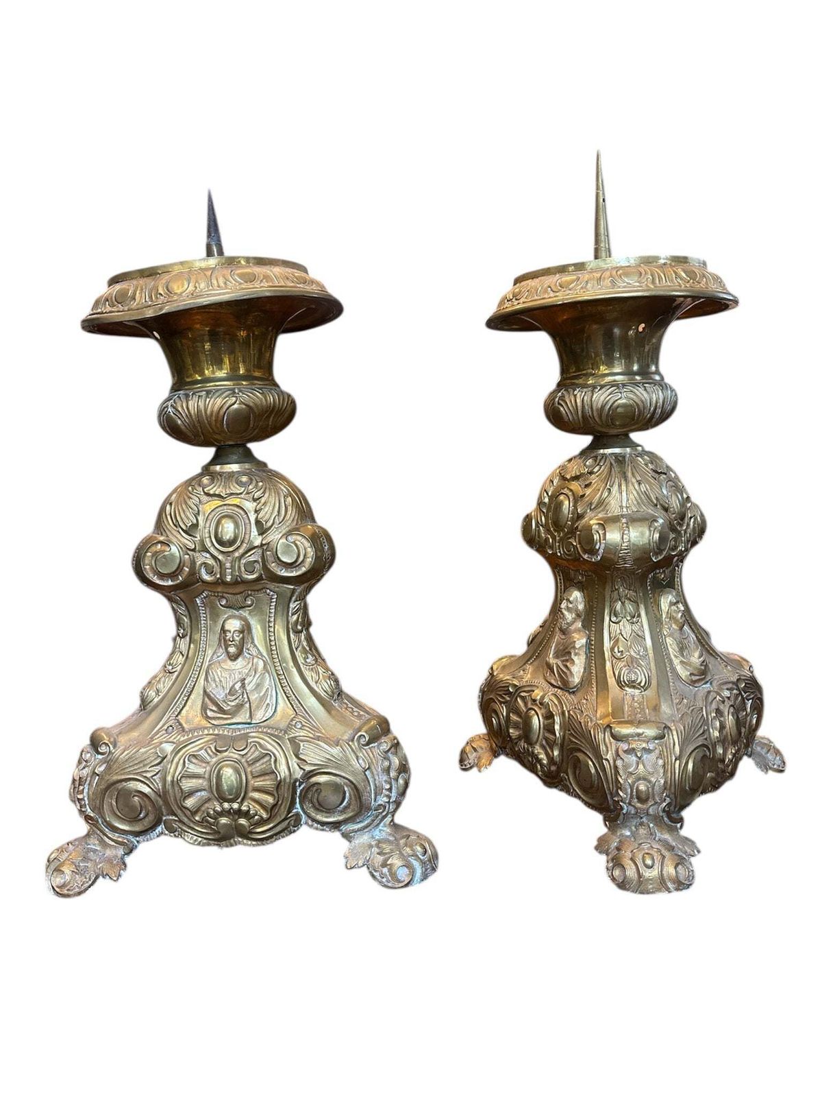 Pair Of 20th Century Metal Sheet Religious Candlesticks