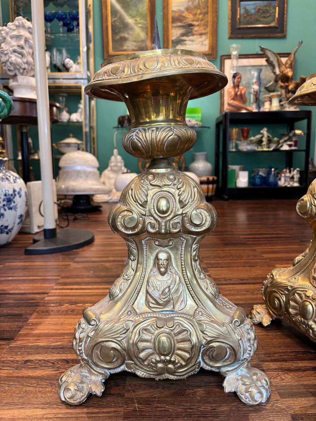 Pair Of 20th Century Metal Sheet Religious Candlesticks photo furniture