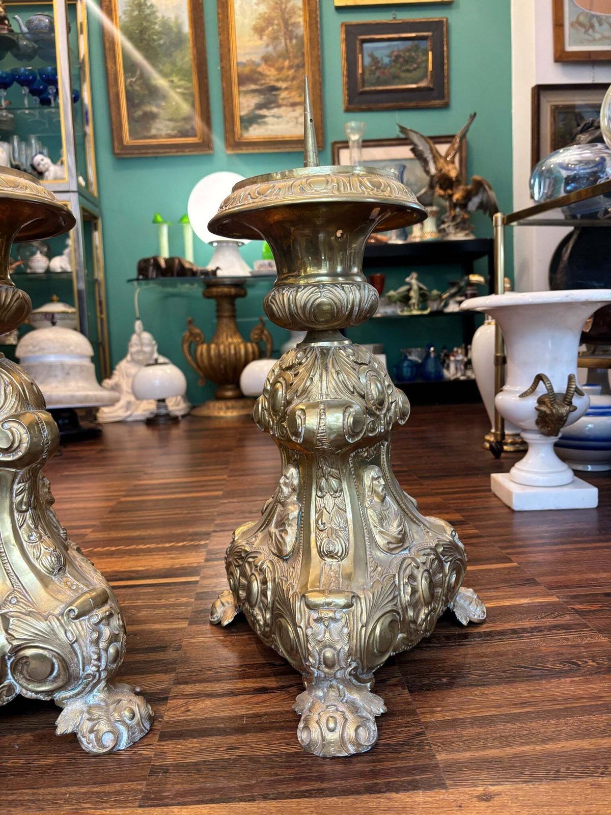 Pair Of 20th Century Metal Sheet Religious Candlesticks photo for sale