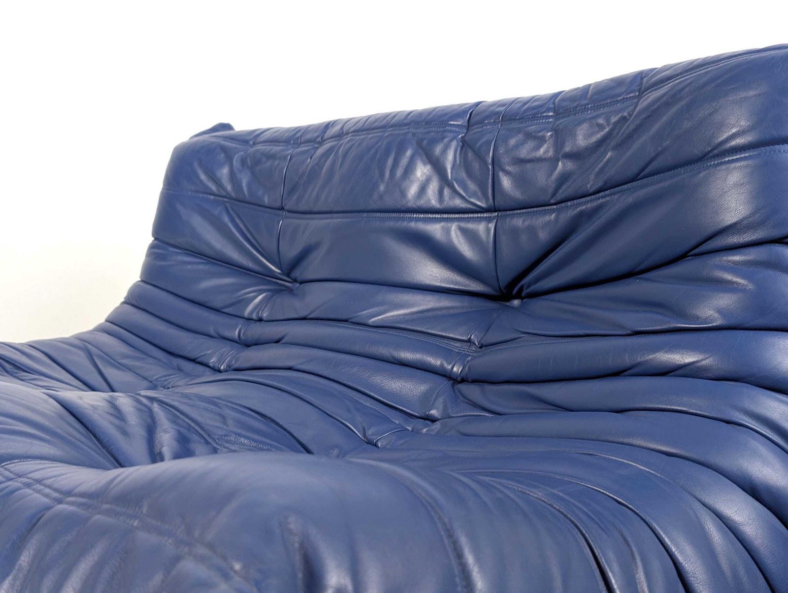 Michel Ducaroy Togo Two Seater Sofa, Blue Leather, Ligne Roset, France, 1980s photo for sale