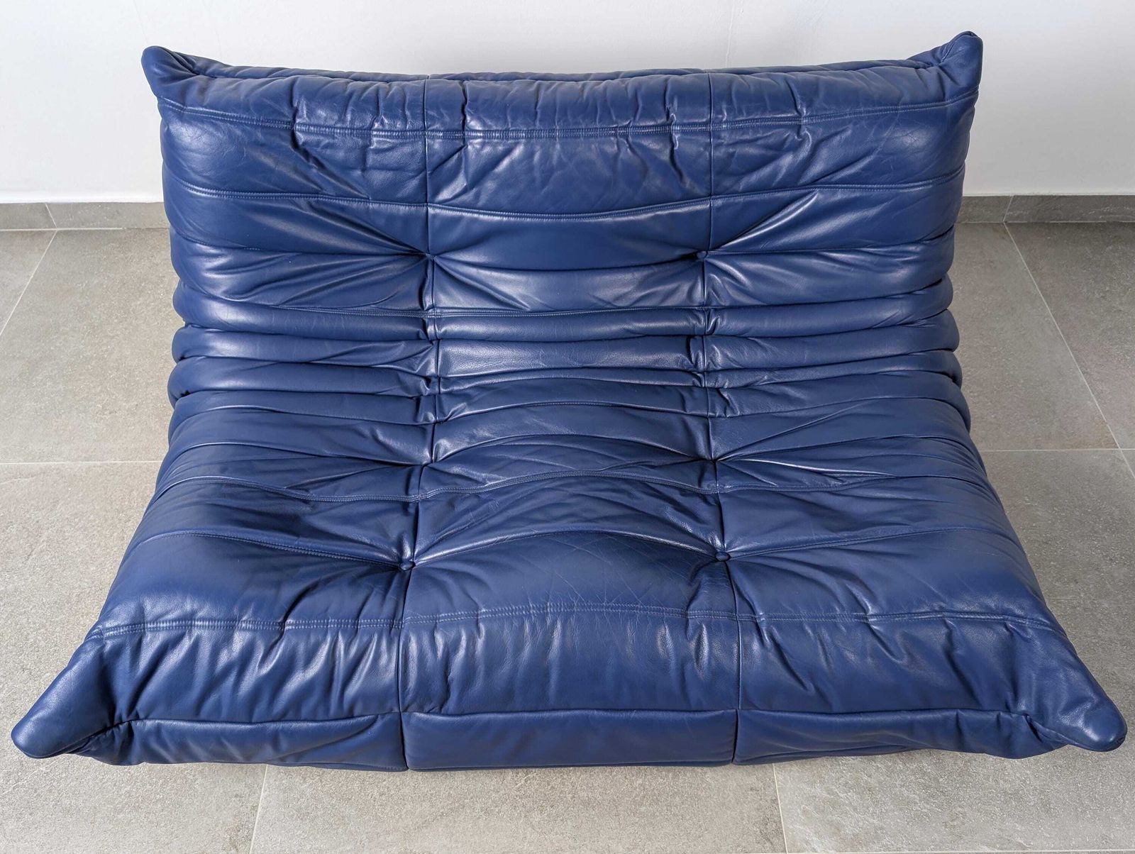 Michel Ducaroy Togo Two Seater Sofa, Blue Leather, Ligne Roset, France, 1980s photo buy