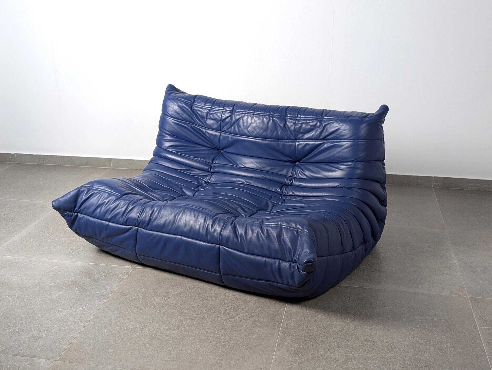 Michel Ducaroy Togo Two Seater Sofa, Blue Leather, Ligne Roset, France, 1980s photo vintage