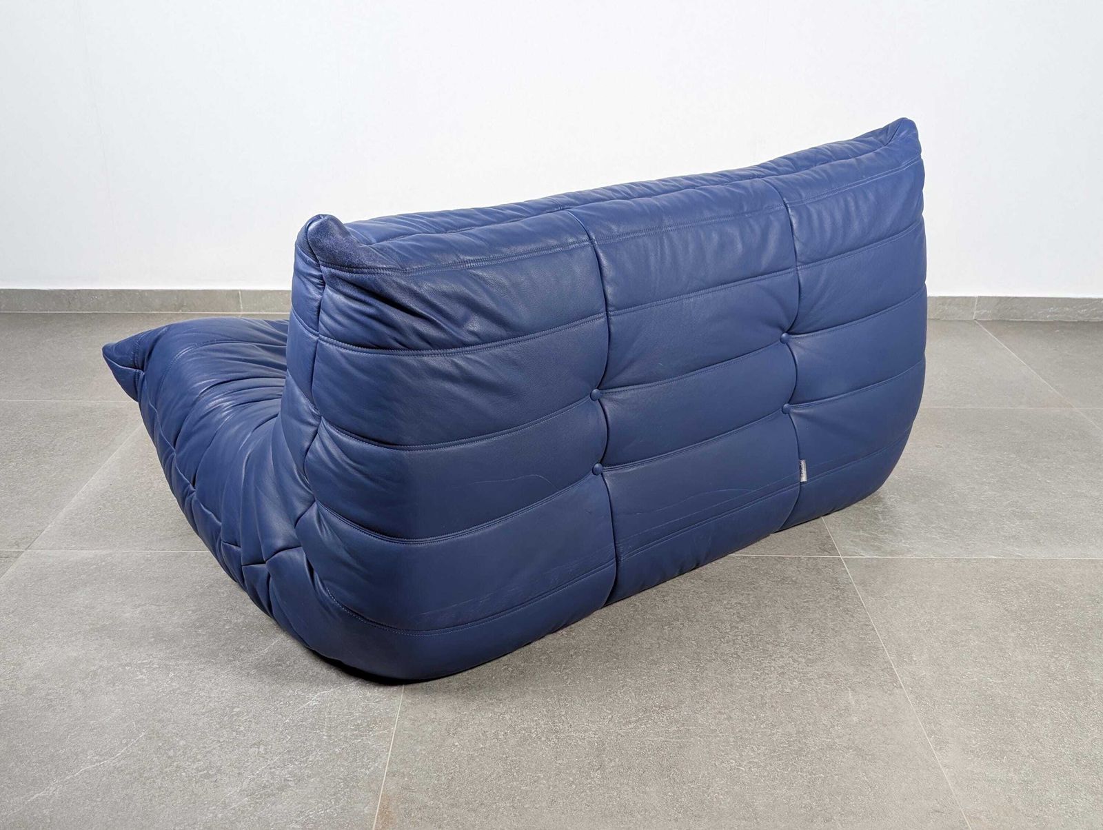 photo furniture Michel Ducaroy Togo Two Seater Sofa, Blue Leather, Ligne Roset, France, 1980s