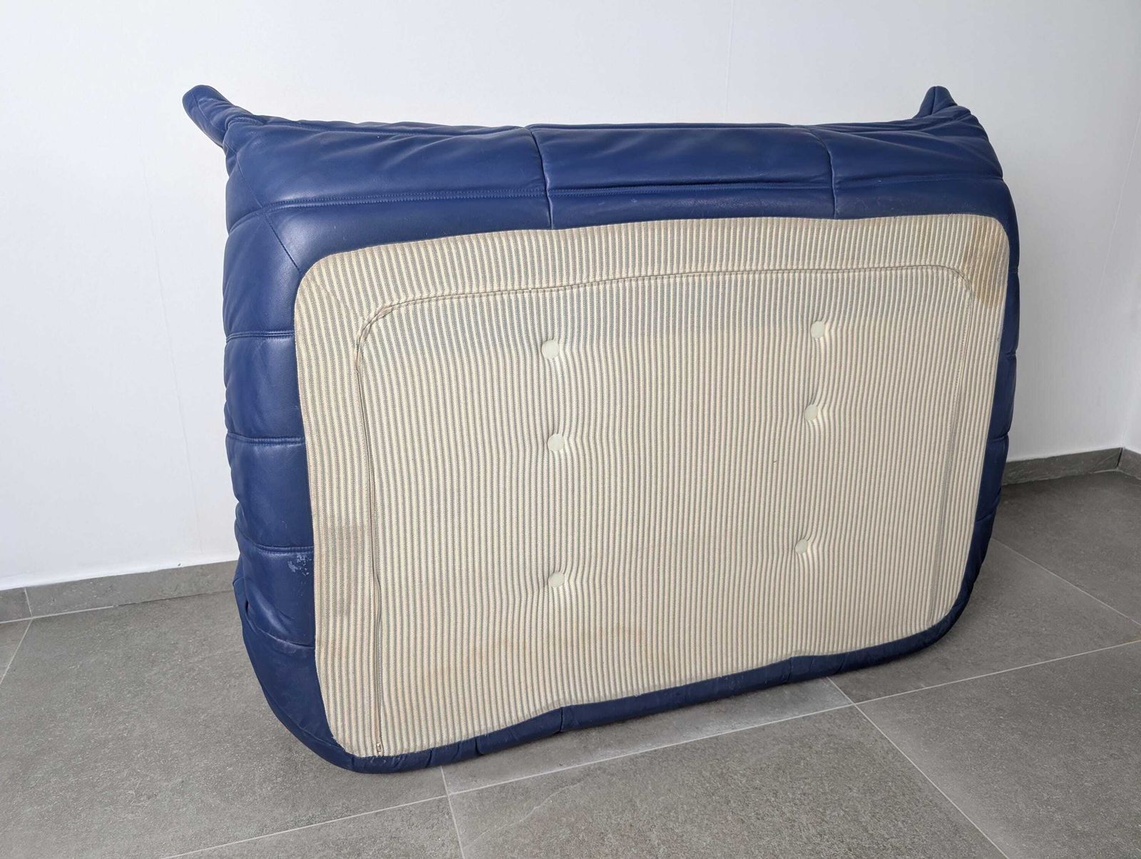 photo for sale Michel Ducaroy Togo Two Seater Sofa, Blue Leather, Ligne Roset, France, 1980s