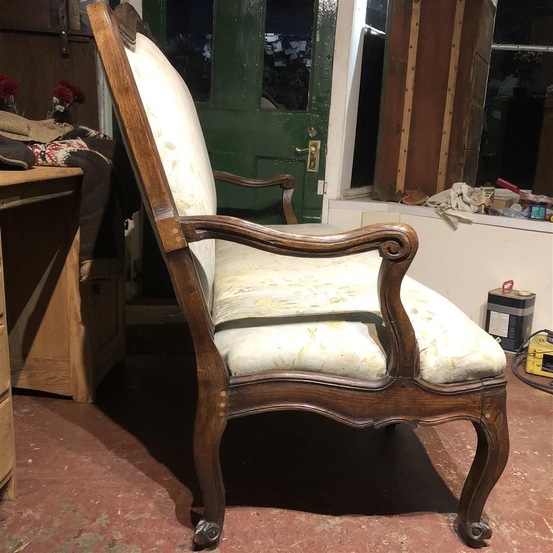 photo for sale Antique French Oak Framed Settee With Wooden Arms C.1860