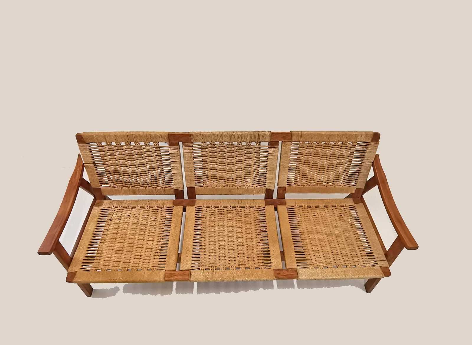 Hans Wegner Style Bench With Armrests / Vintage Woven Rope Bench / 1960s 1970s Mid Century Modern photo 1760.0