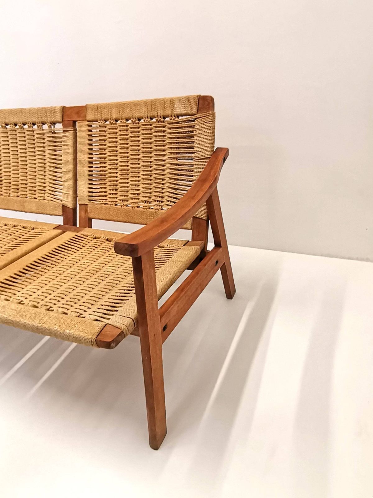 Hans Wegner Style Bench With Armrests / Vintage Woven Rope Bench / 1960s 1970s Mid Century Modern photo buy