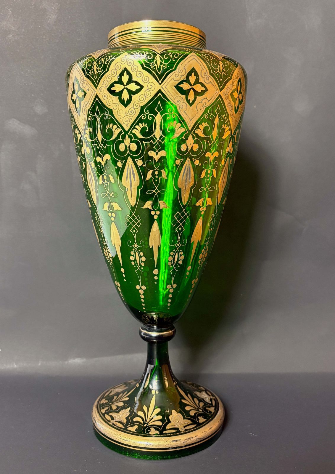 Late 19th‑Century Bohemian Gilt Green Glass Pedestal Vase, C.1880–1900, 32 Cm
