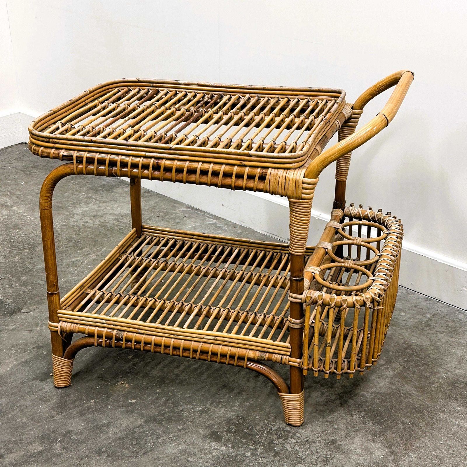 Vintage Italian Rattan Bar Cart With Bottle Holder, 1970s photo 702.0