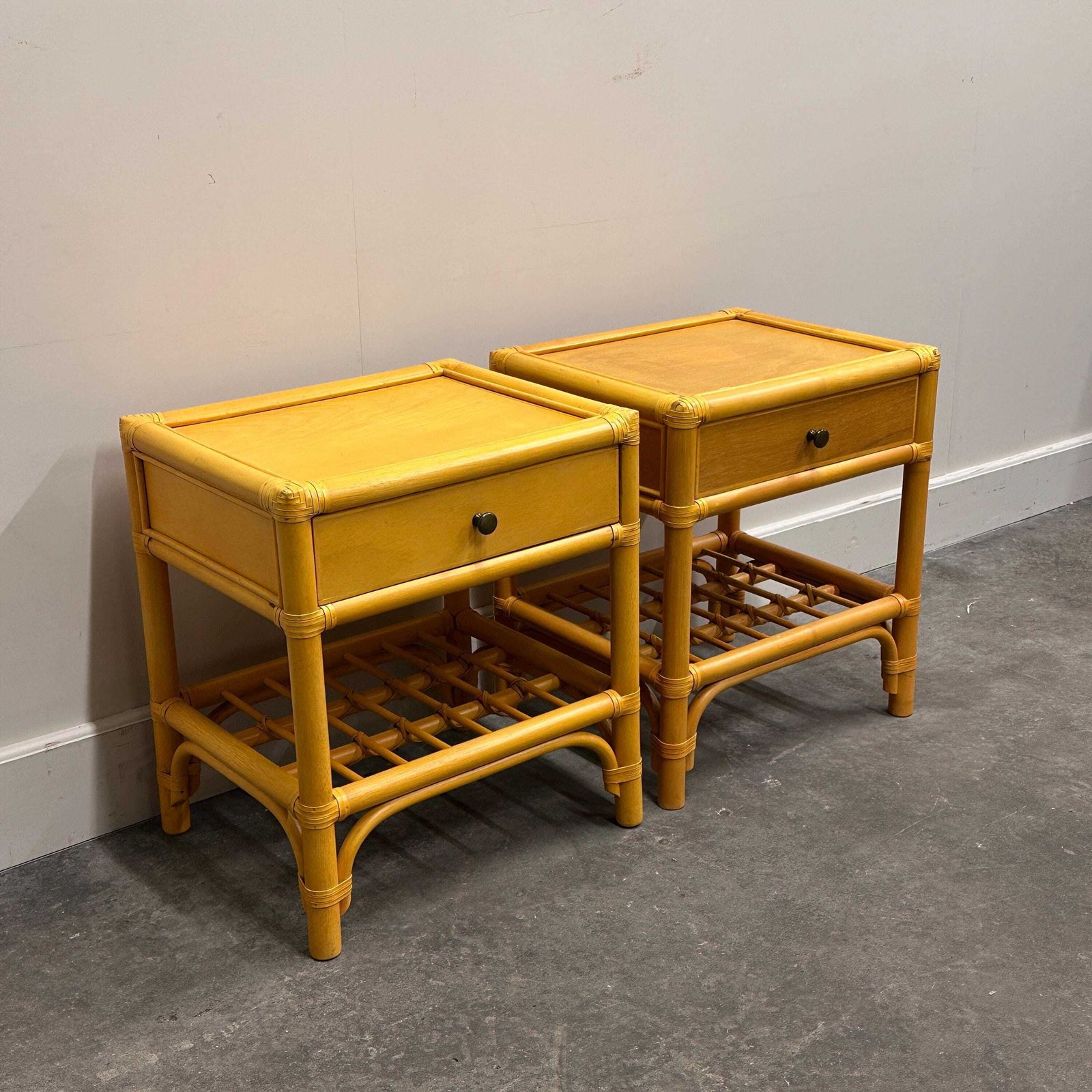 Pair Of Vintage Bamboo & Wood Nightstands With Drawer, 1970s photo furniture