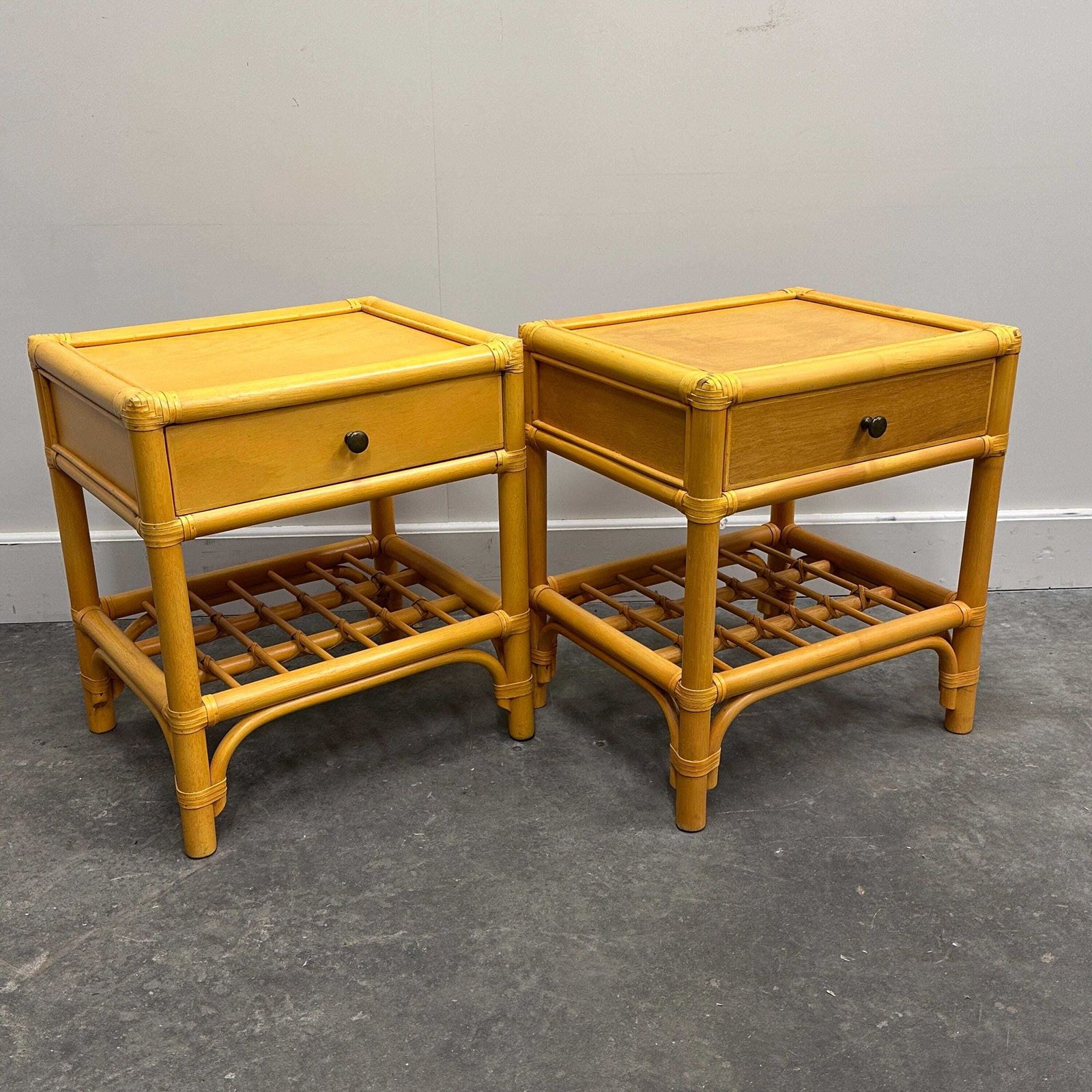 Pair Of Vintage Bamboo & Wood Nightstands With Drawer, 1970s photo 601.0