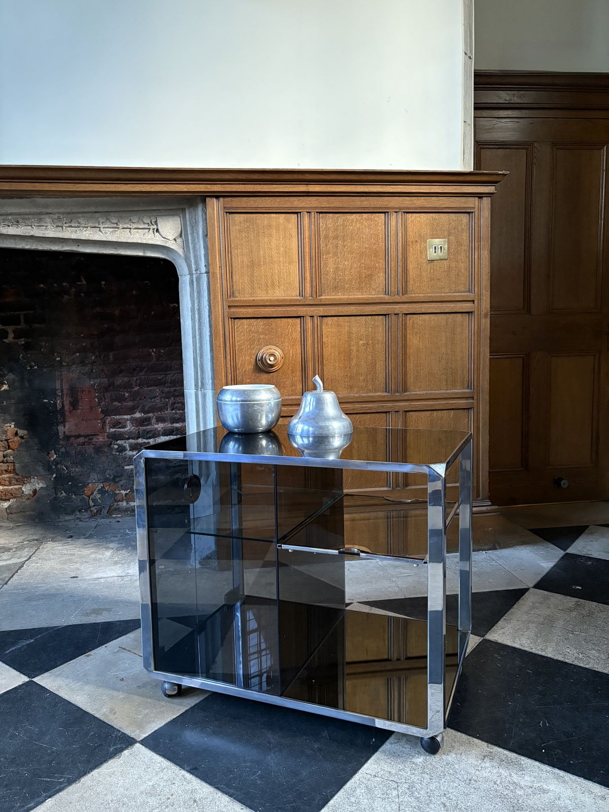 1970s Willy Rizzo For Mario Sabot “Alpha” Bar Cart In Smoked Glass & Chrome photo furniture
