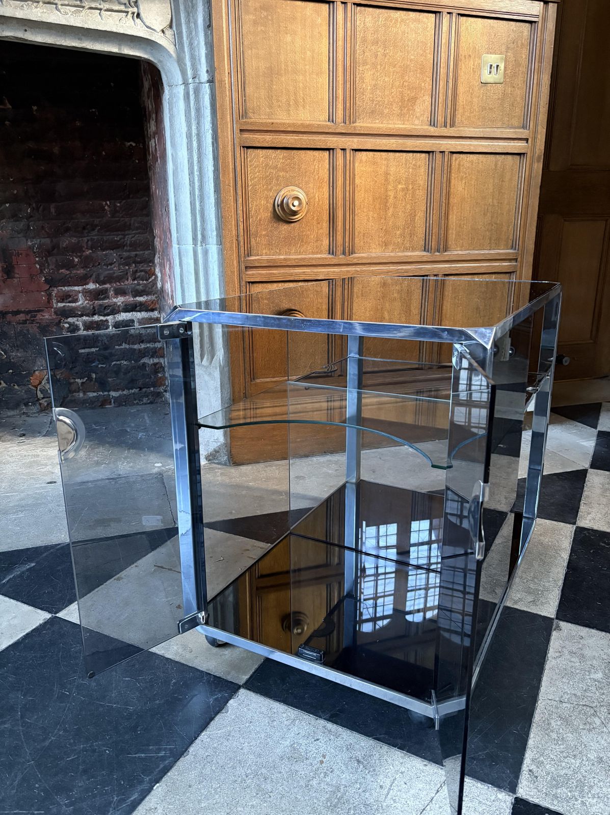 1970s Willy Rizzo For Mario Sabot “Alpha” Bar Cart In Smoked Glass & Chrome photo for sale