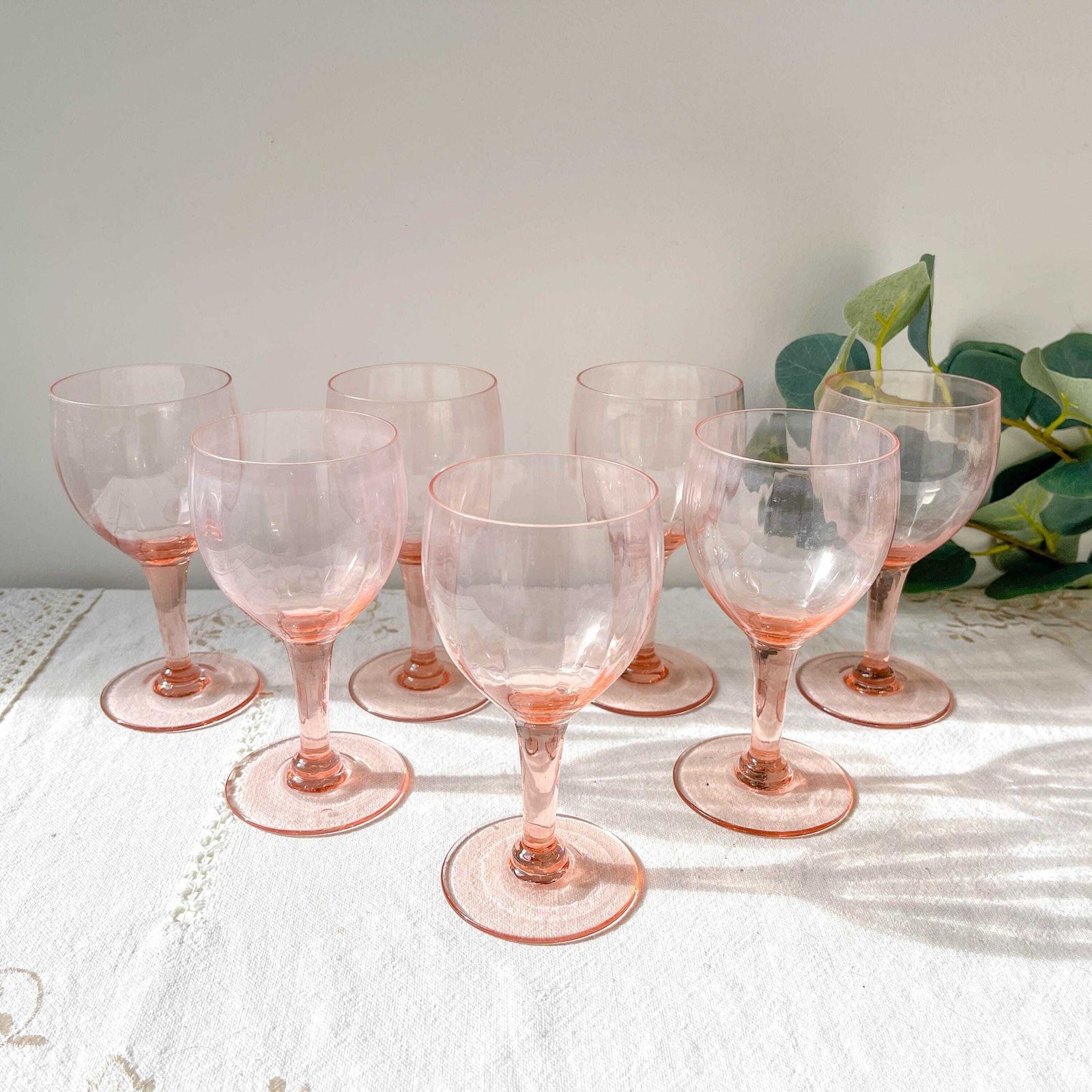 7 Vintage Faceted Pink Glass Water Glasses – 1950s – French Elegance photo for sale