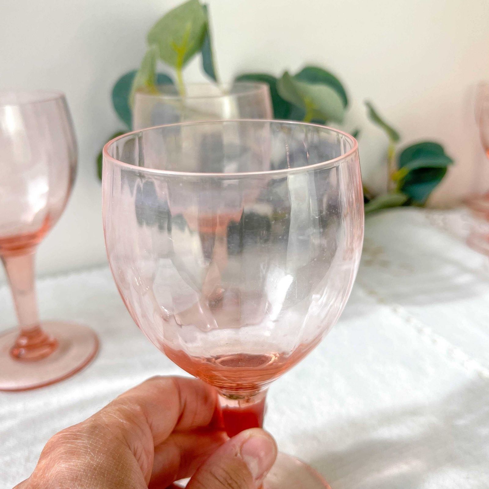 photo furniture 7 Vintage Faceted Pink Glass Water Glasses – 1950s – French Elegance