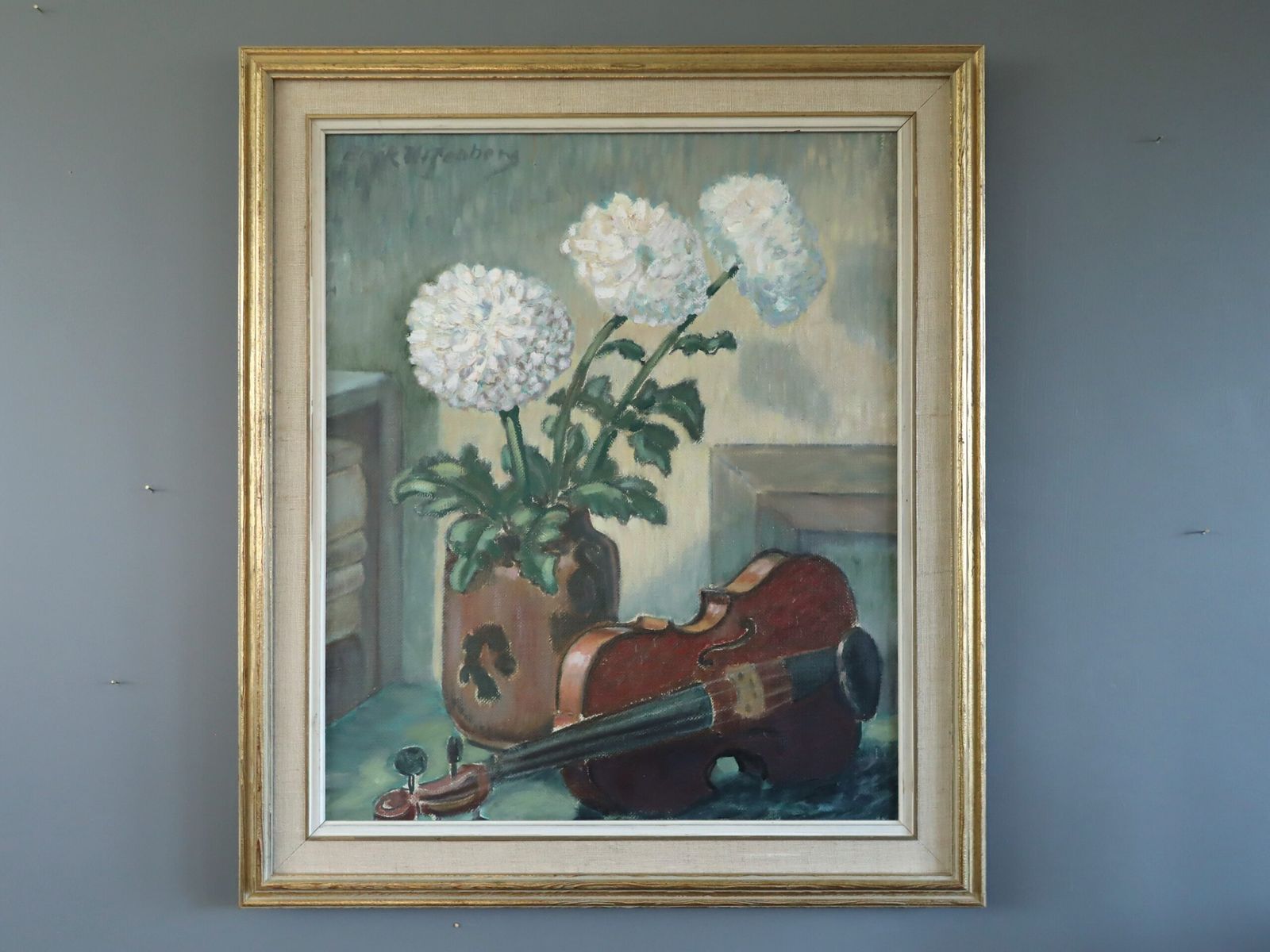 Violin & Flowers Painting, Mid 20th Century