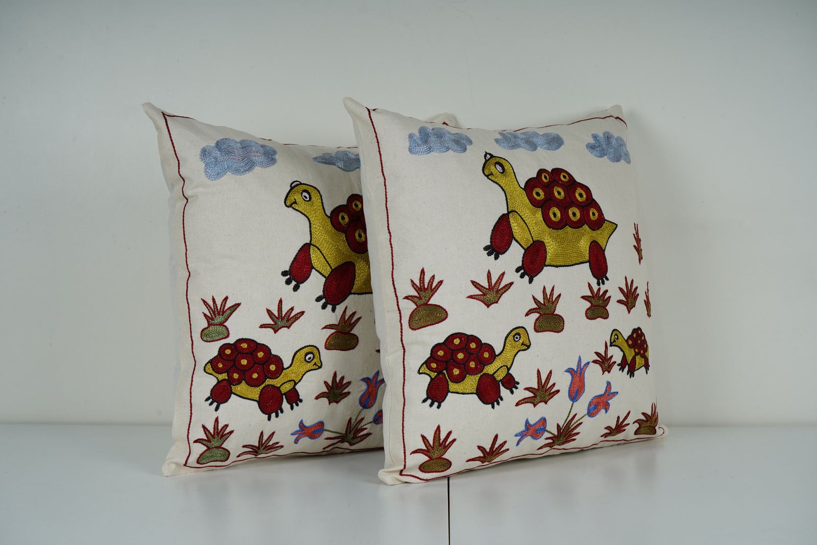 Embroidered Turtle Pillow Pair, Suzani Tortoise Cushion Covers, Bohemian Home Decor photo Textiles