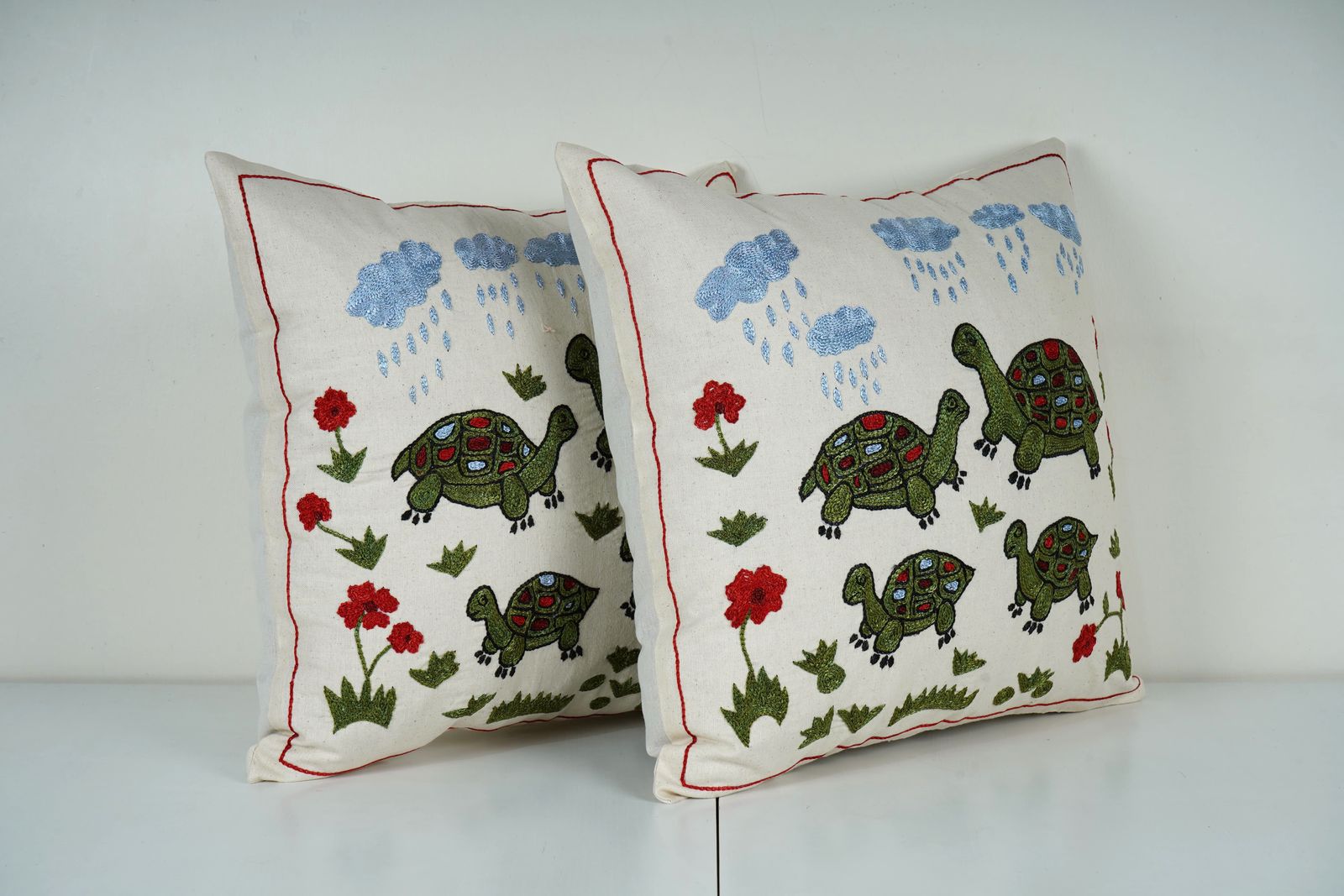 Handmade Suzani Tortoise Pillow Covers, Uzbek Embroidered Cotton Cushion Pair photo furniture