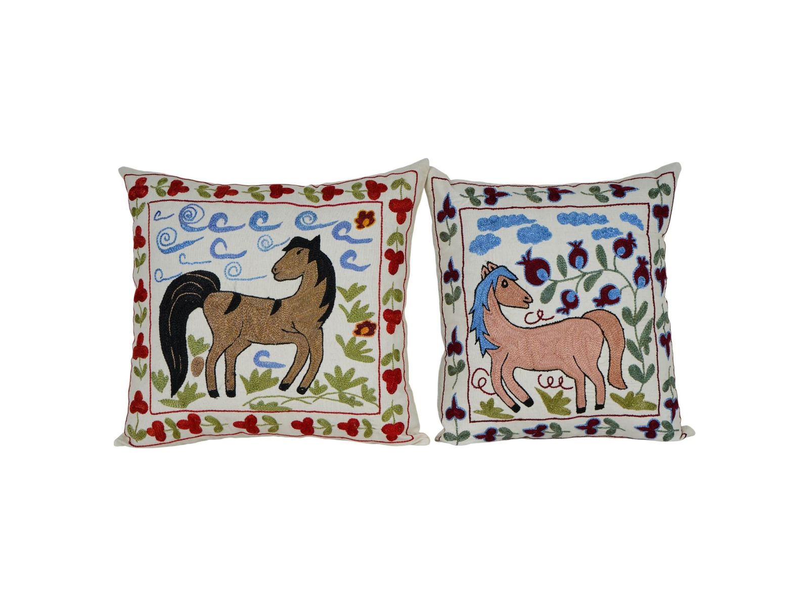 Vintage Suzani Pillow Cover, Horse Motif, Uzbek Cushion