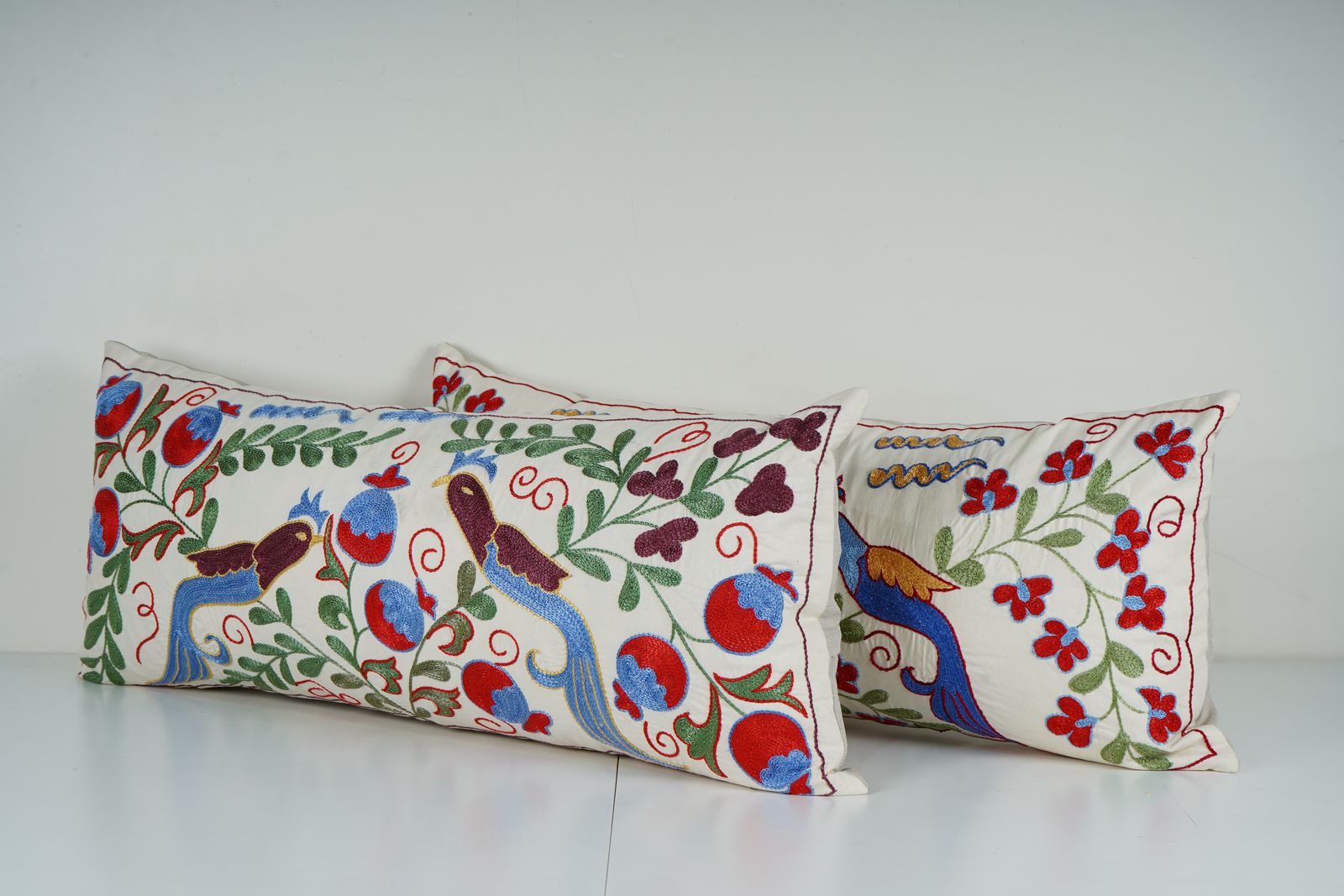 Hand Embroidered Suzani Lumbar Pillow Covers – Uzbek Vintage Bird & Flower Set photo Textiles