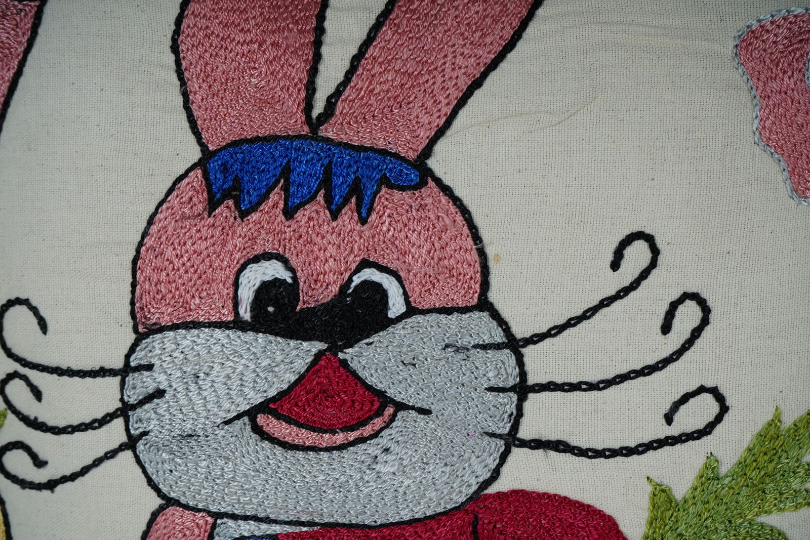 Handmade Embroidered Bunny Pillow Cover – Cute Rabbit & Carrot Nursery , Kids Room Decor, Boho Suzani Pillow photo for sale