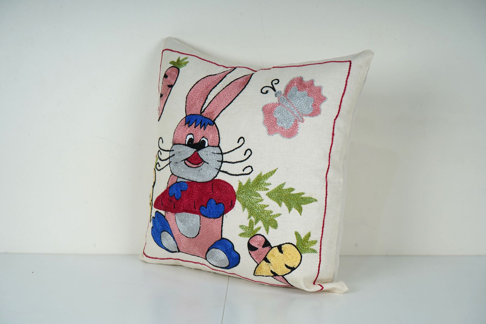 Handmade Embroidered Bunny Pillow Cover – Cute Rabbit & Carrot Nursery , Kids Room Decor, Boho Suzani Pillow photo Textiles
