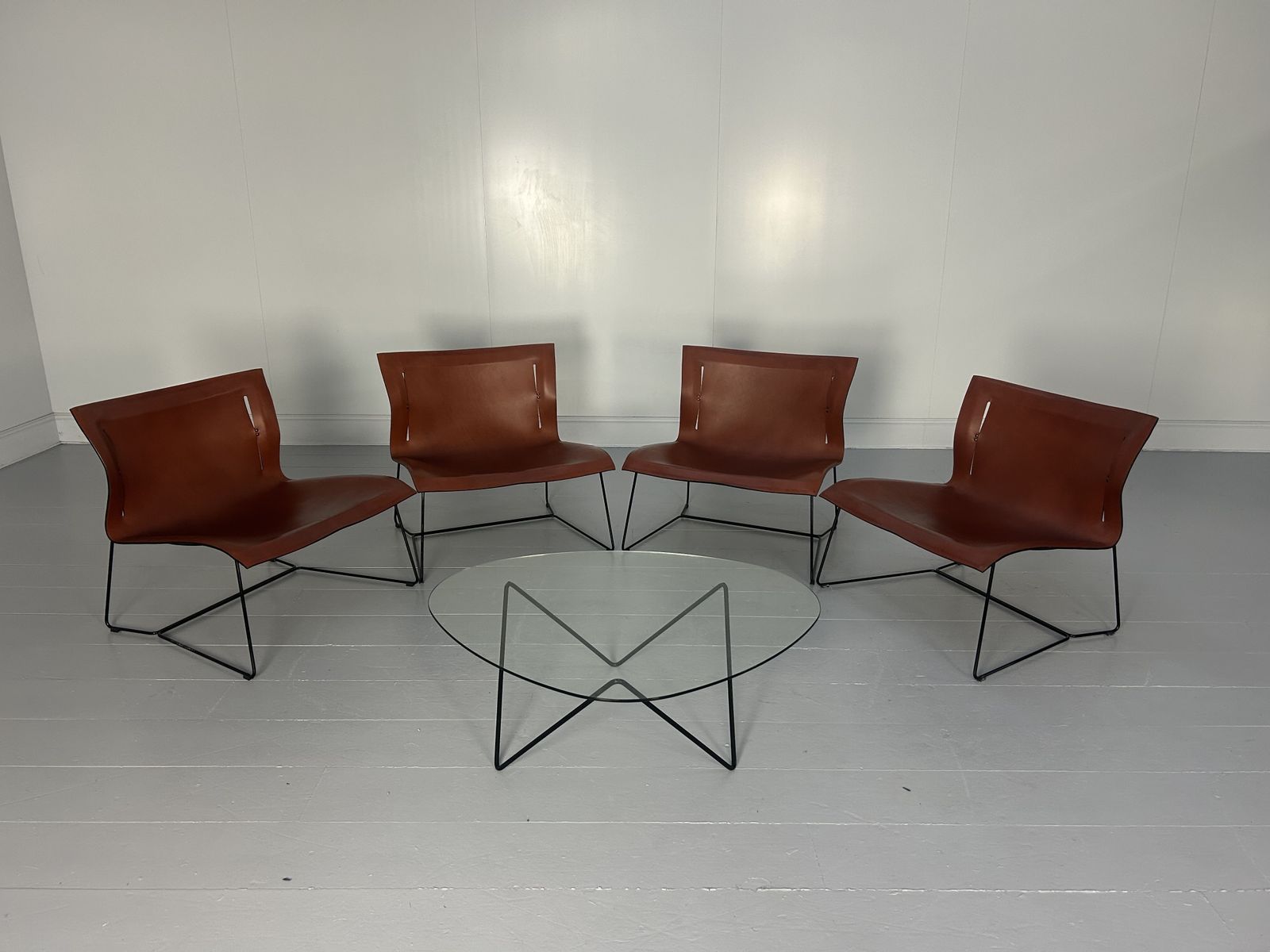 4 Walter Knoll "Cuoio Lounge Grand" Chairs & Table In Sherry Saddle Leather photo furniture