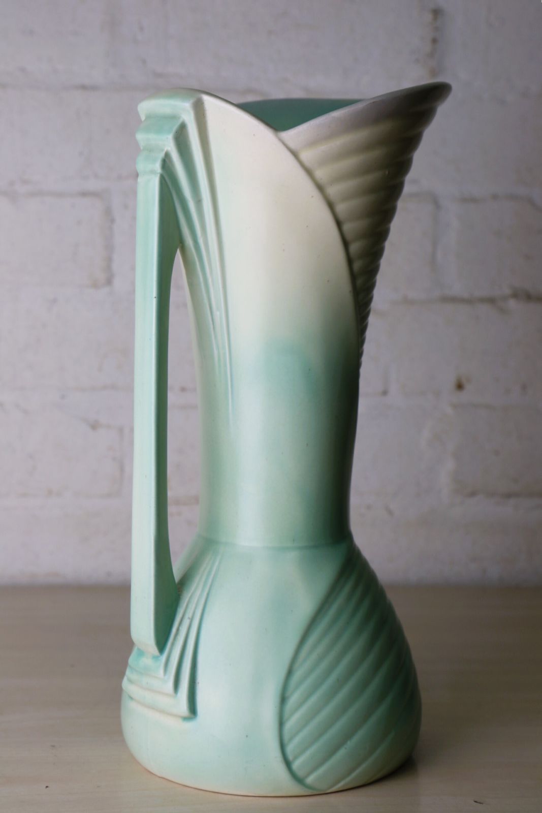 89.0 An Original Art Deco Ceramic Vase In Green And Cream With Geometric Details Large Size 31.5 Cm Tall photo
