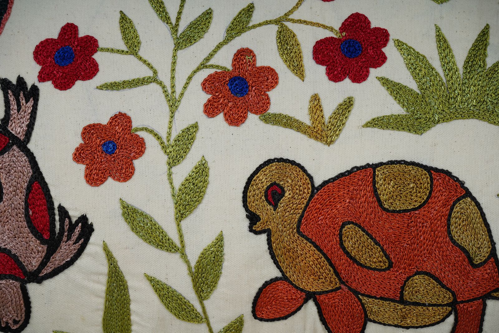 Suzani Pillow Cover, Horse & Turtle Design, Uzbek Cotton photo furniture