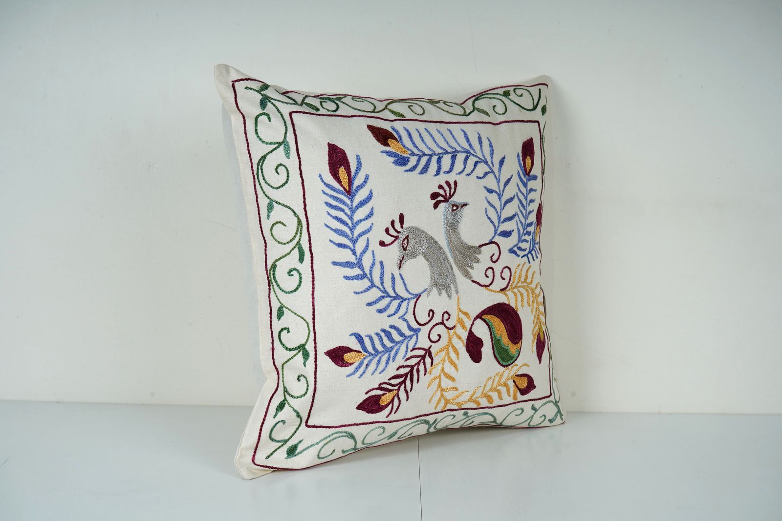 Traditional Suzani Cushion – Birds & Leaves Embroidery, Artisan Handmade Pillow photo for sale