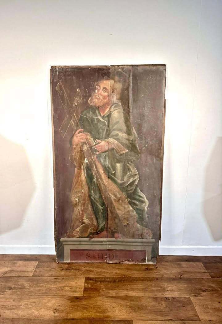 photo vintage 17/18th Century Polychrome Painted Pine Ecclesiastical Panel Depicting St Jude