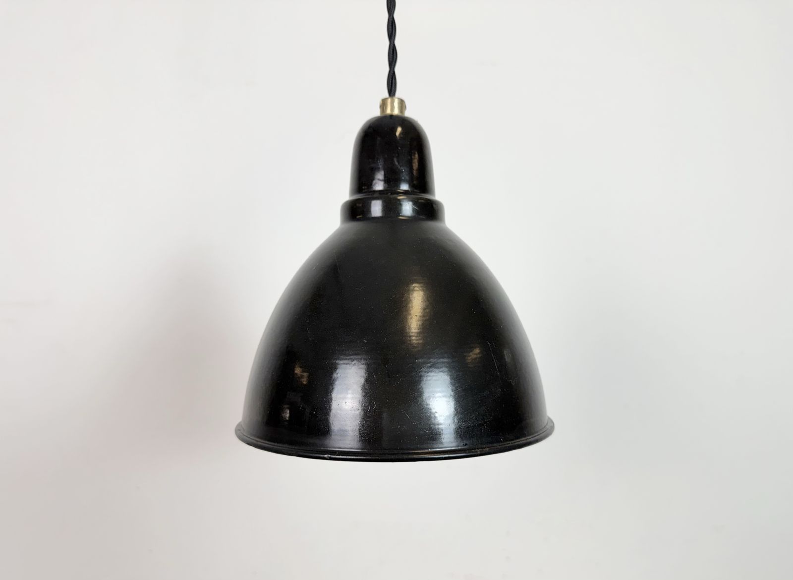 Small Industrial Black Enamel Ceiling Lamp, 1950s, 2x photo for sale