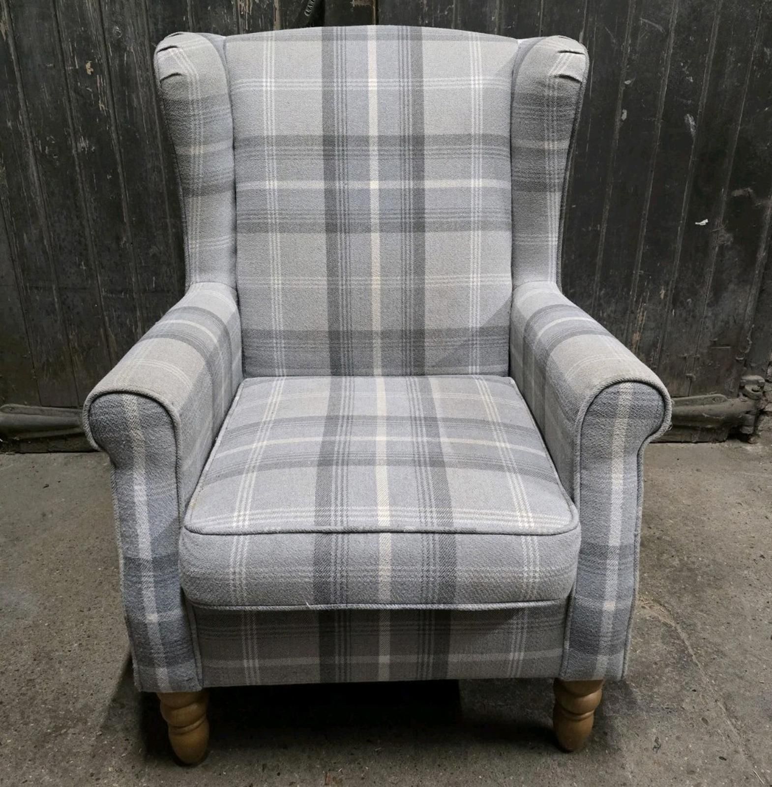 Grey Tartan Fabric Wingback Armchair Chair