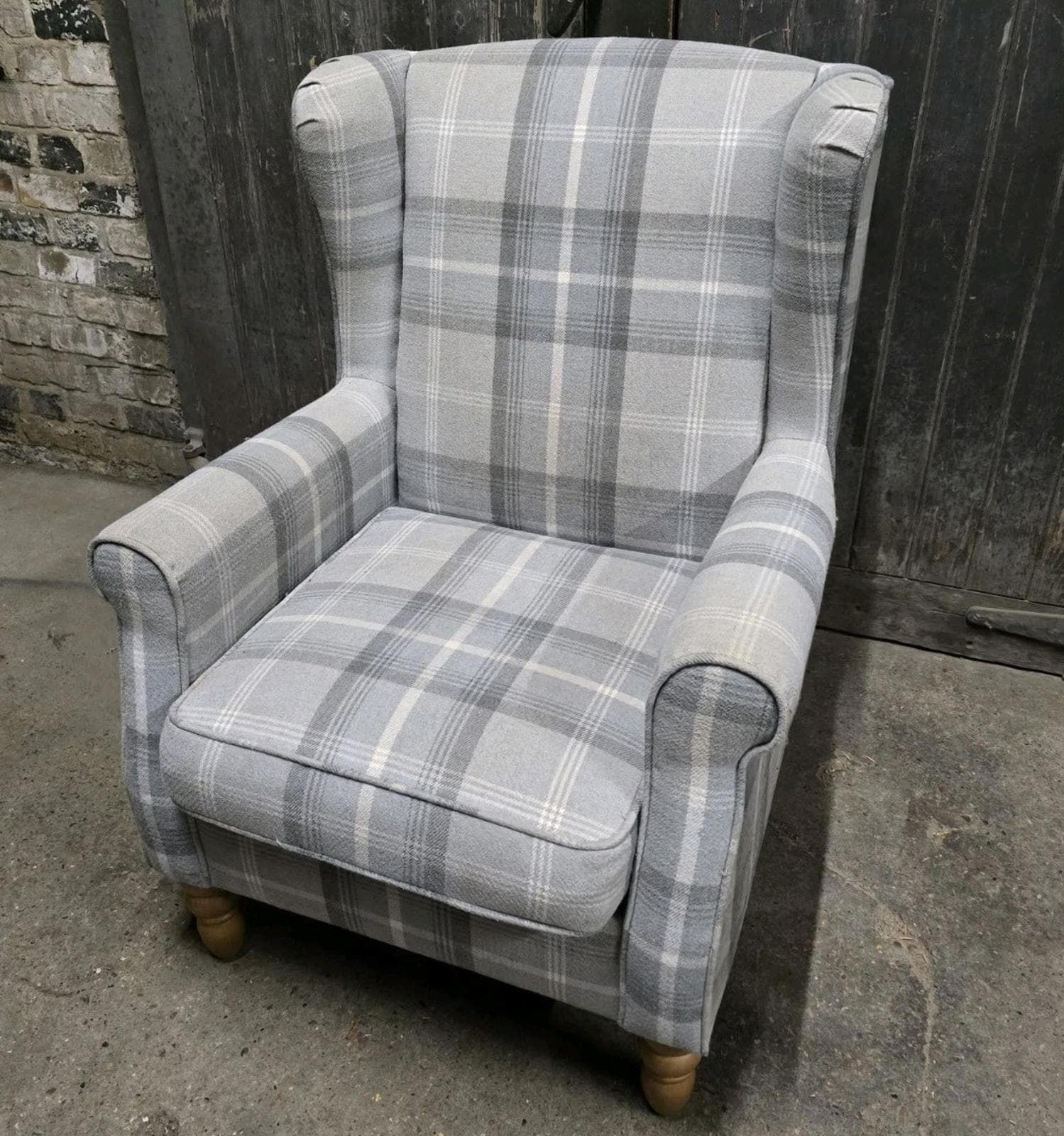 Grey Tartan Fabric Wingback Armchair Chair photo furniture
