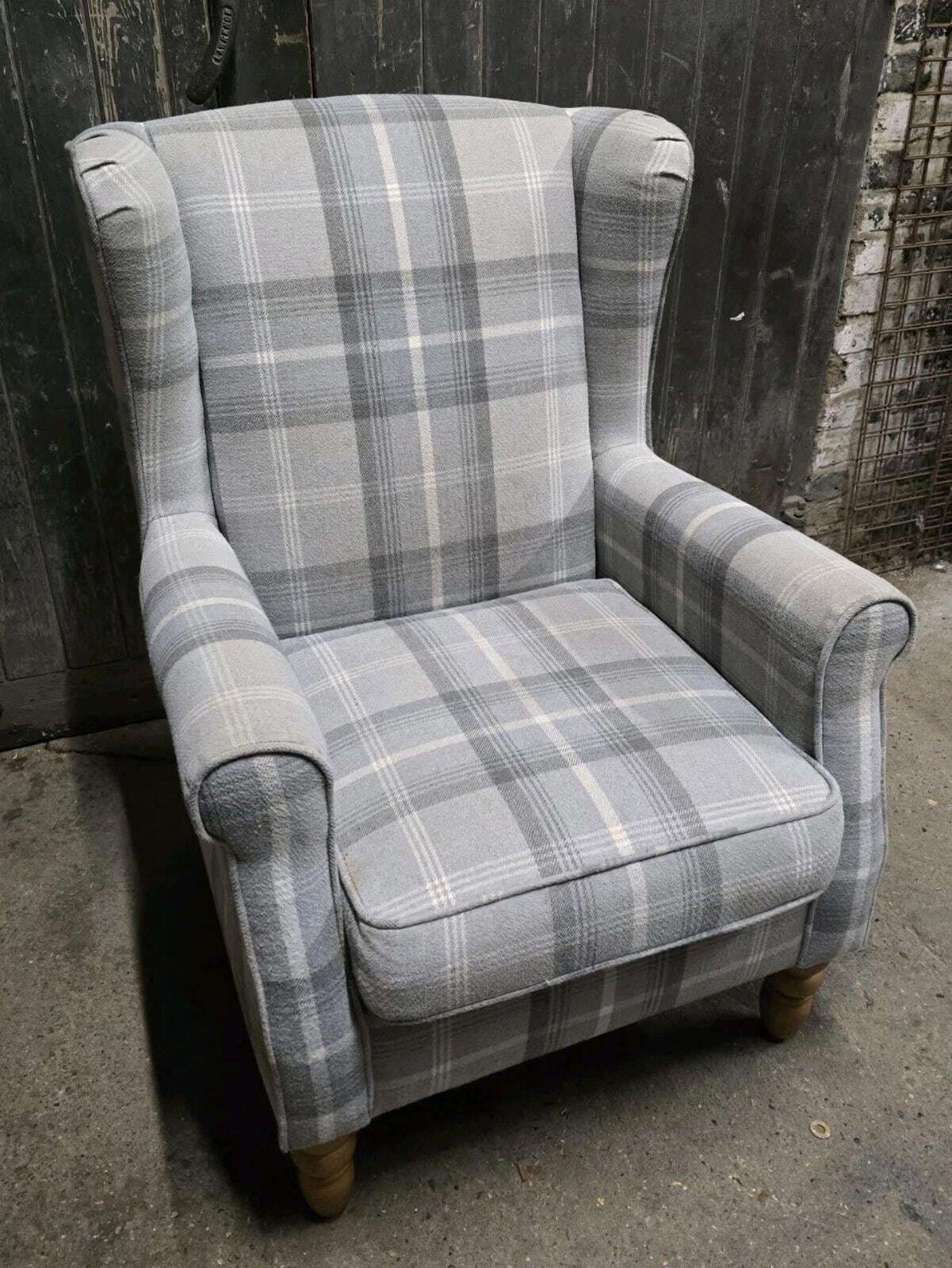 Grey Tartan Fabric Wingback Armchair Chair photo Furniture