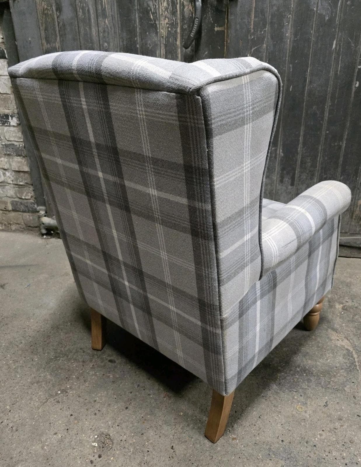 Grey Tartan Fabric Wingback Armchair Chair photo vintage