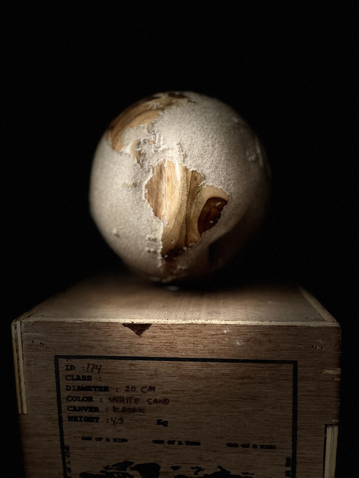 White Teak Wood & Volcanic Sand Globe By Bruno Helgen  Id 174  Wood Globe Sculpture