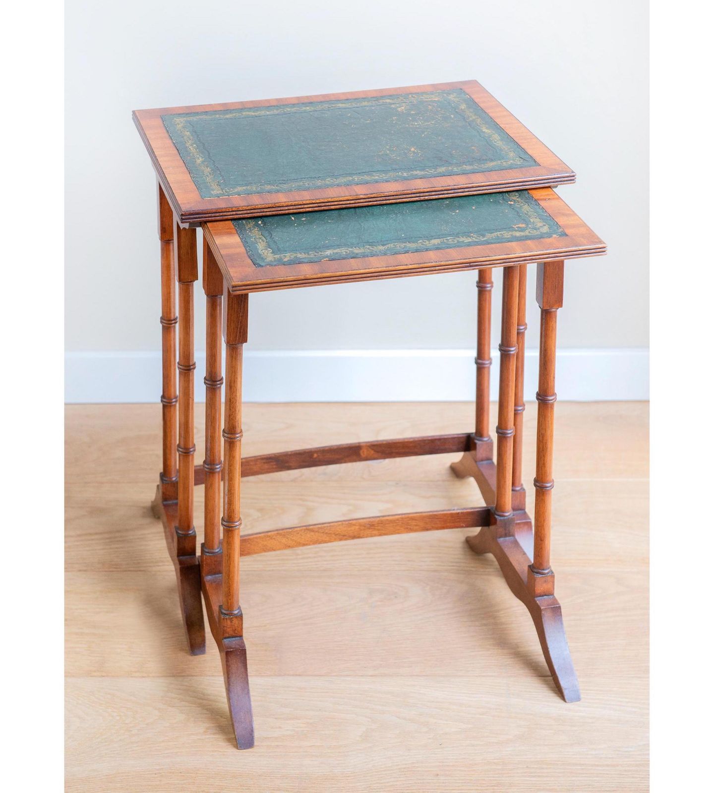 Edwardian Faux Bamboo Nesting Tables – Antique Mahogany Side Table Set – Green Leather Tops   Victorian Home Decor