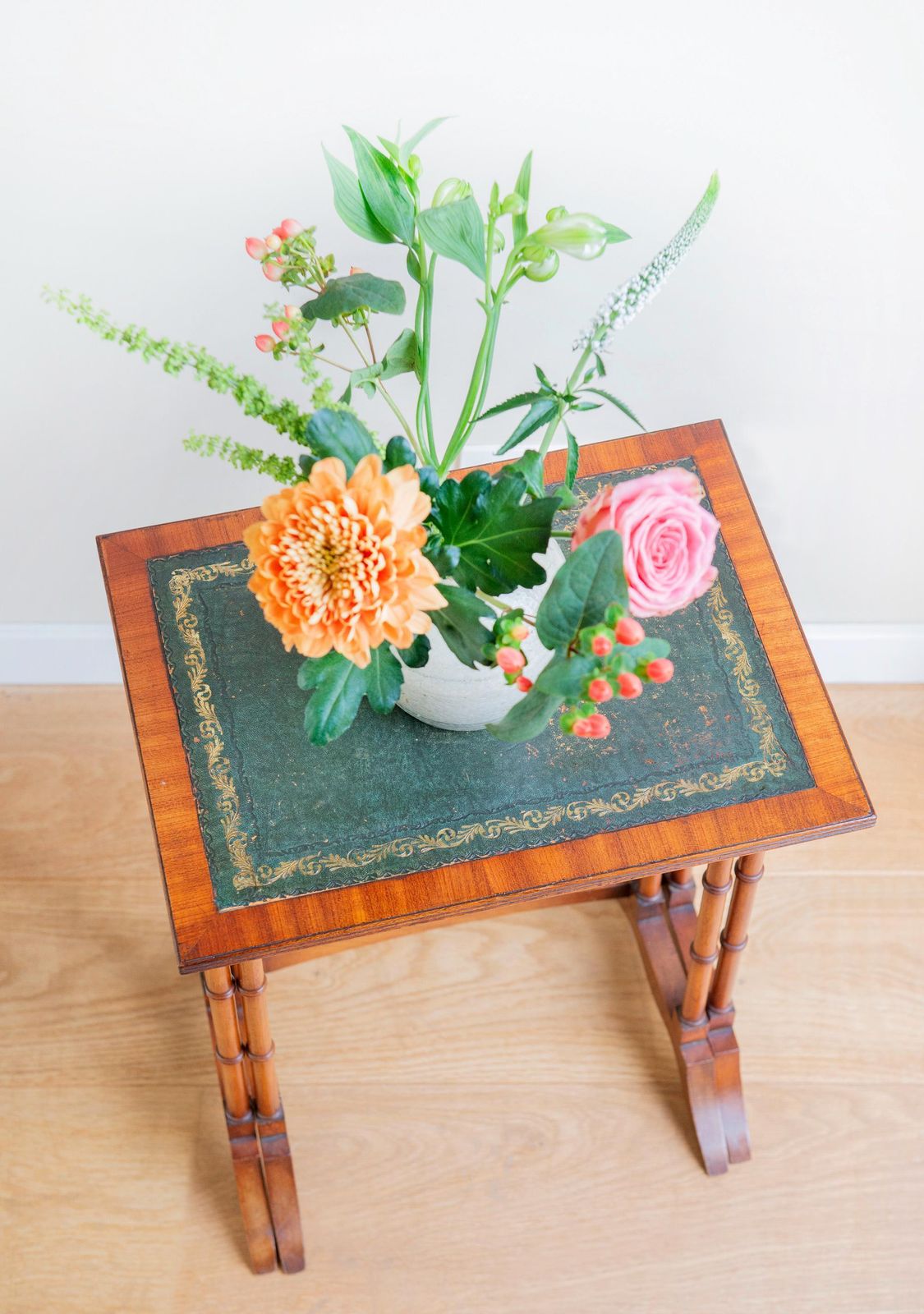 Edwardian Faux Bamboo Nesting Tables – Antique Mahogany Side Table Set – Green Leather Tops   Victorian Home Decor photo 442.0