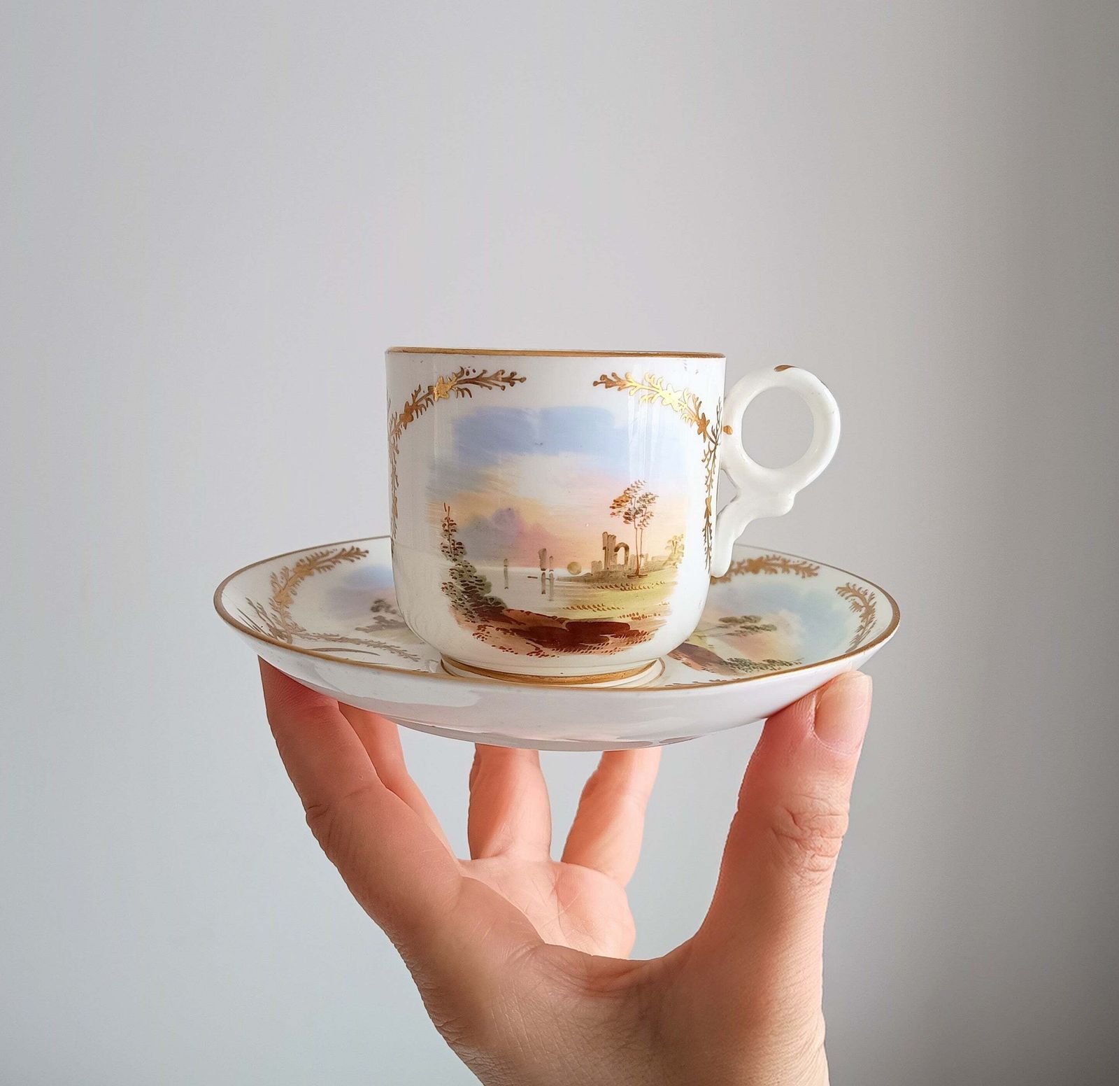 Antique Hand Painted Landscape And Gilt Crests Porcelain Cup & Saucer, Austria 19th Century photo buy
