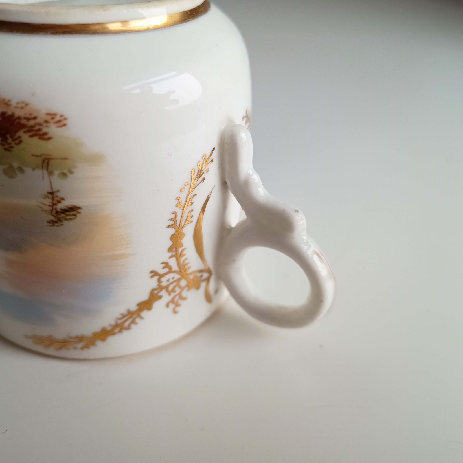 photo for sale Antique Hand Painted Landscape And Gilt Crests Porcelain Cup & Saucer, Austria 19th Century