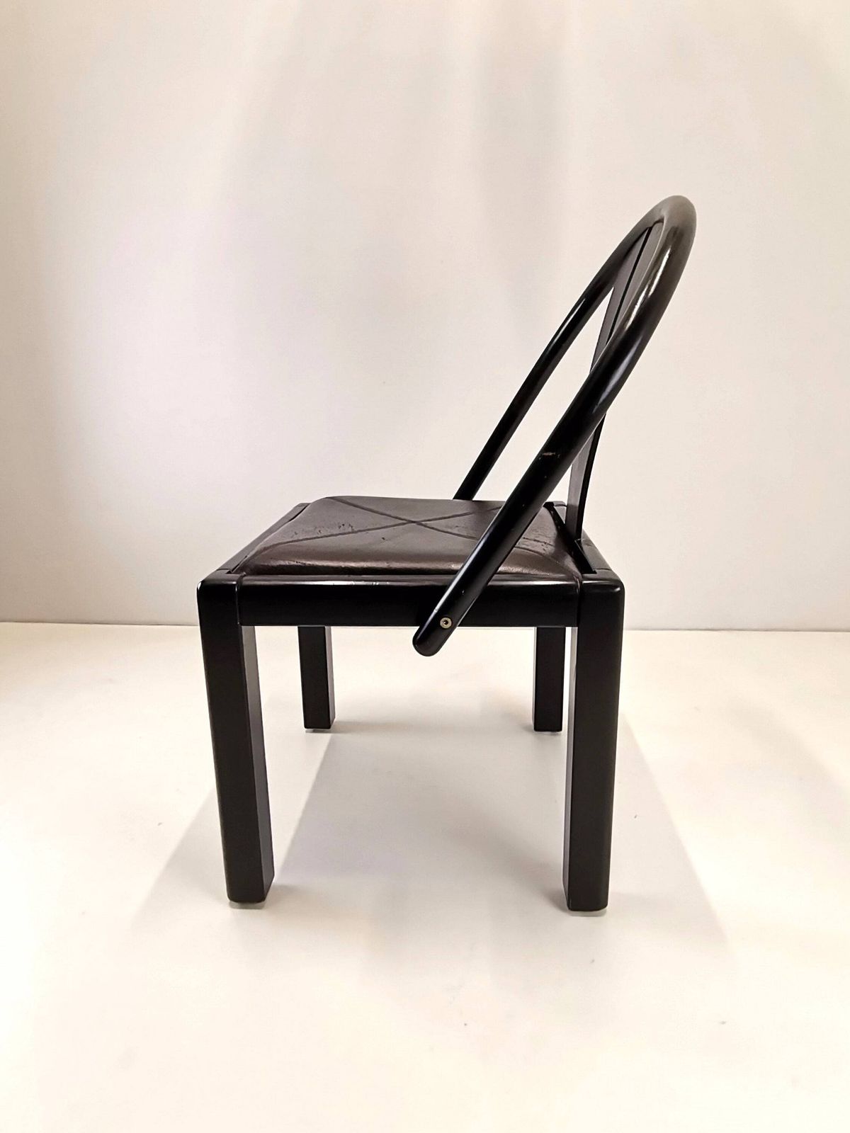 Rare Postmodern Dining Chair / Italian Design / Solid Wood And Leather Seat / Dining Office Chairs / 80s Italy photo for sale