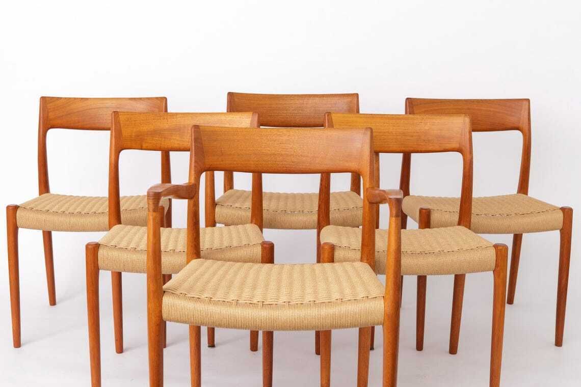 Niels Møller Dining Chair Set (6) – Models 77 & 57, Teak, Danish Cord, Mid Century Modern, Denmark