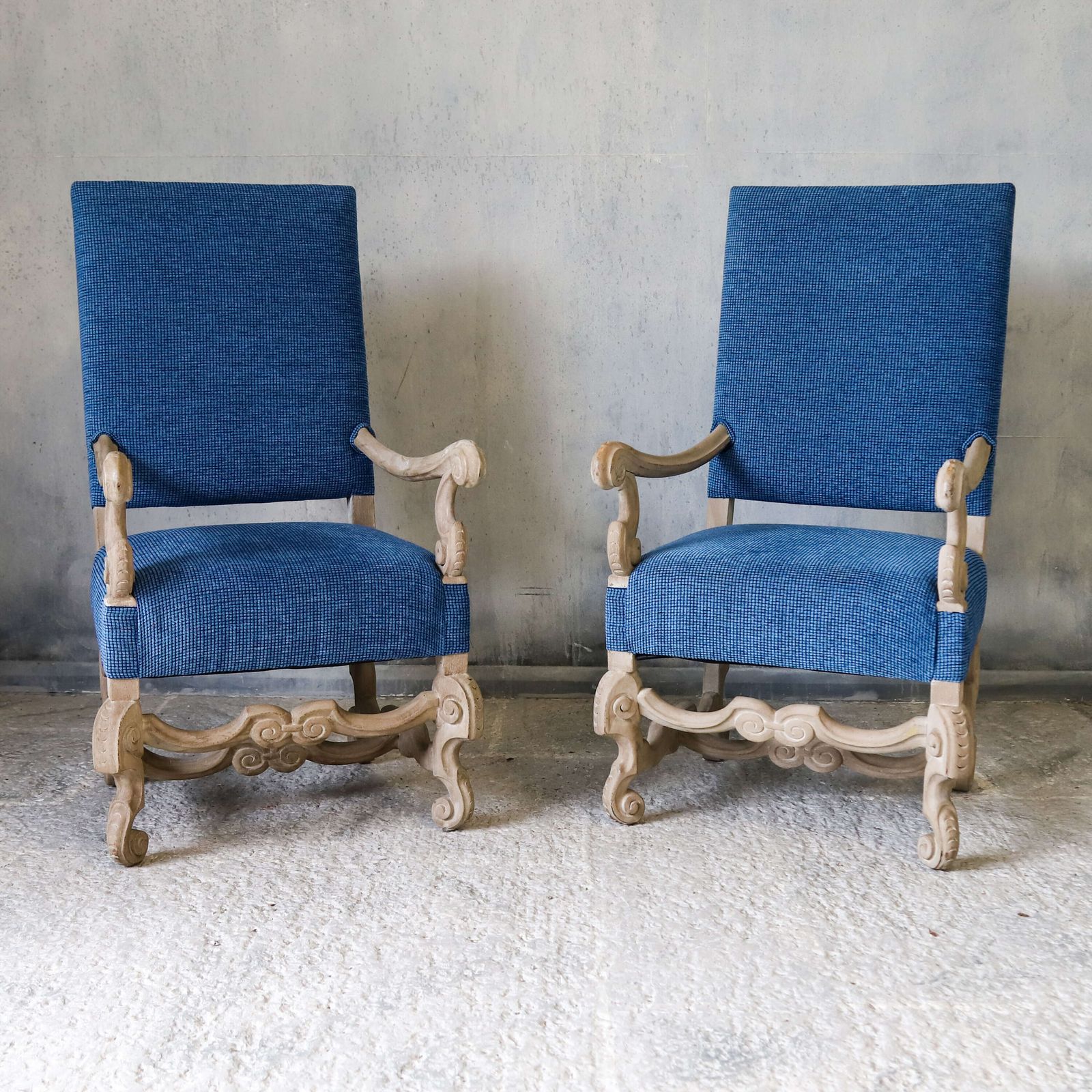 Furniture Pair Of 19th Century Dutch Carved Walnut Sculptural & High Back Armchairs   Reupholstered photo