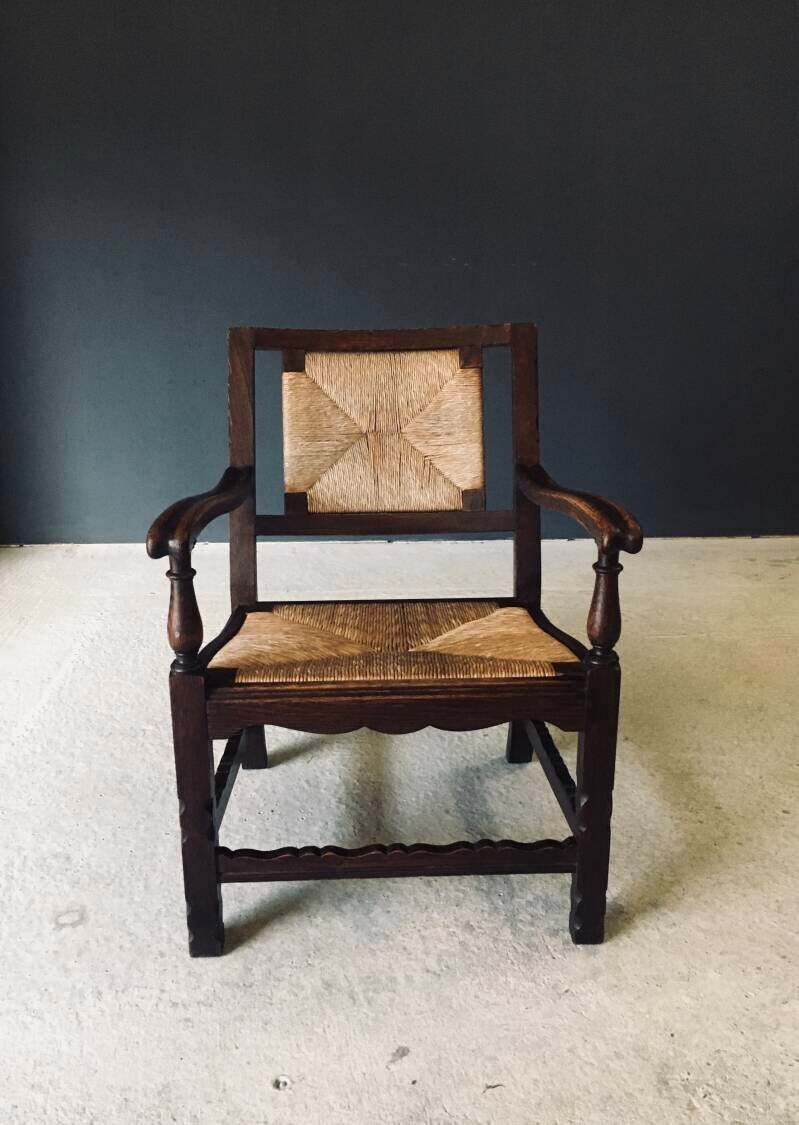 Arts & Crafts Style Design Oak & Rush Low Armchair, Belgium 1920's photo 1000.0