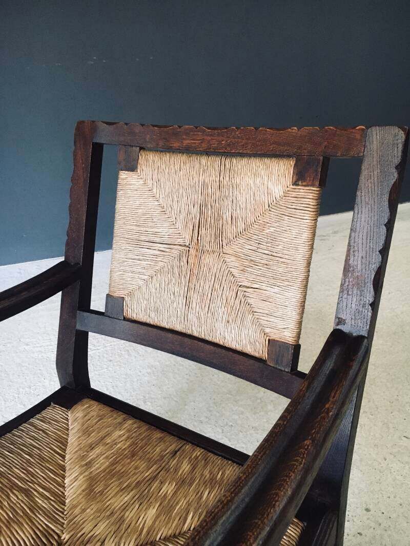 photo furniture Arts & Crafts Style Design Oak & Rush Low Armchair, Belgium 1920's