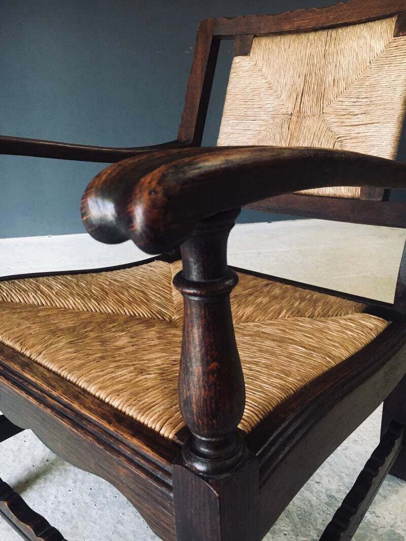 photo vinterior Arts & Crafts Style Design Oak & Rush Low Armchair, Belgium 1920's