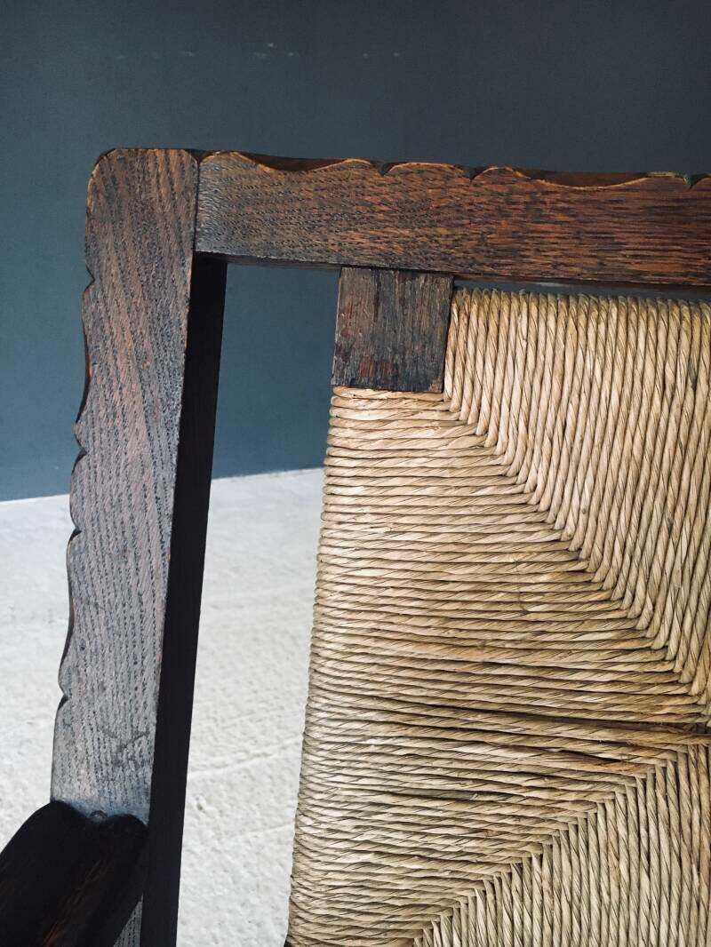 photo vintage Arts & Crafts Style Design Oak & Rush Low Armchair, Belgium 1920's