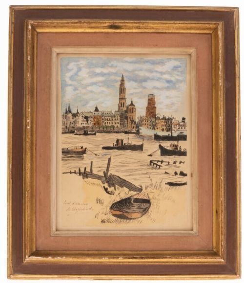 C1920s Dutch Harbour Scene Watercolour On Paper