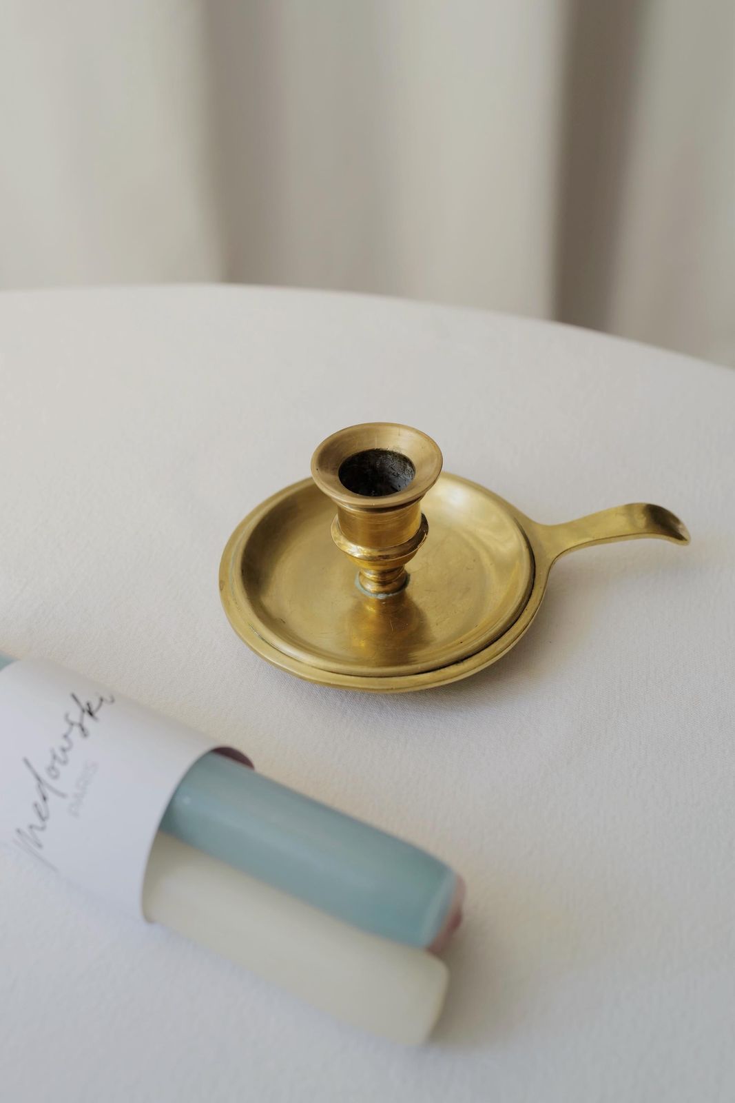 French Vintage Brass Candleholder With Handle: Includes 3 Pastel Candles